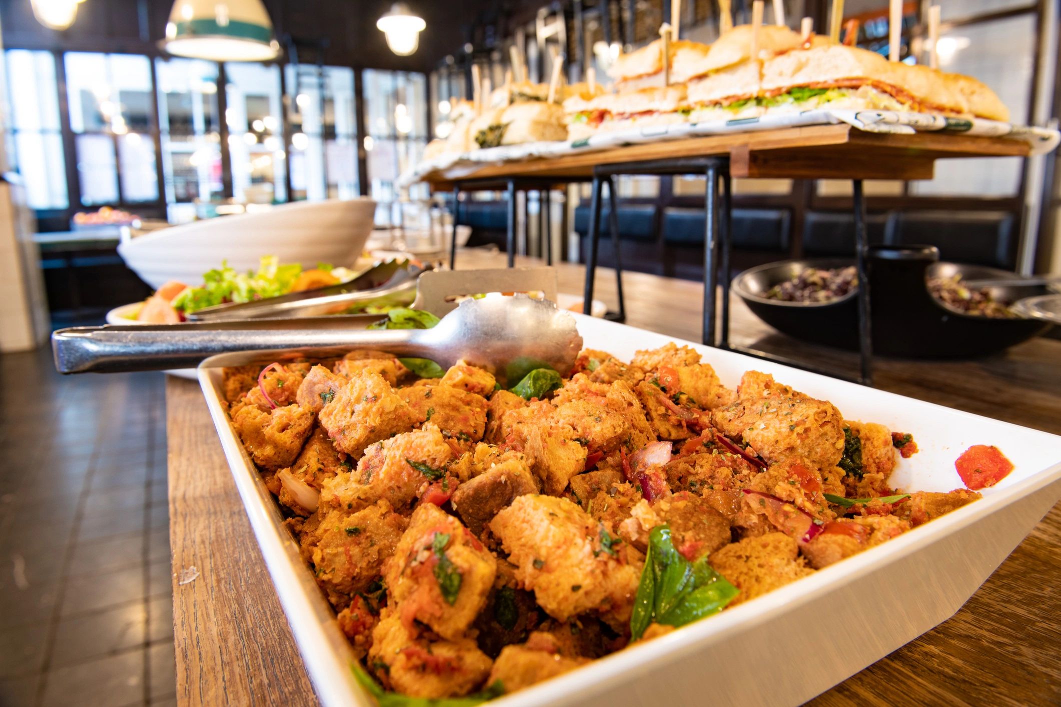 Buffet-style catering setup with serving trays