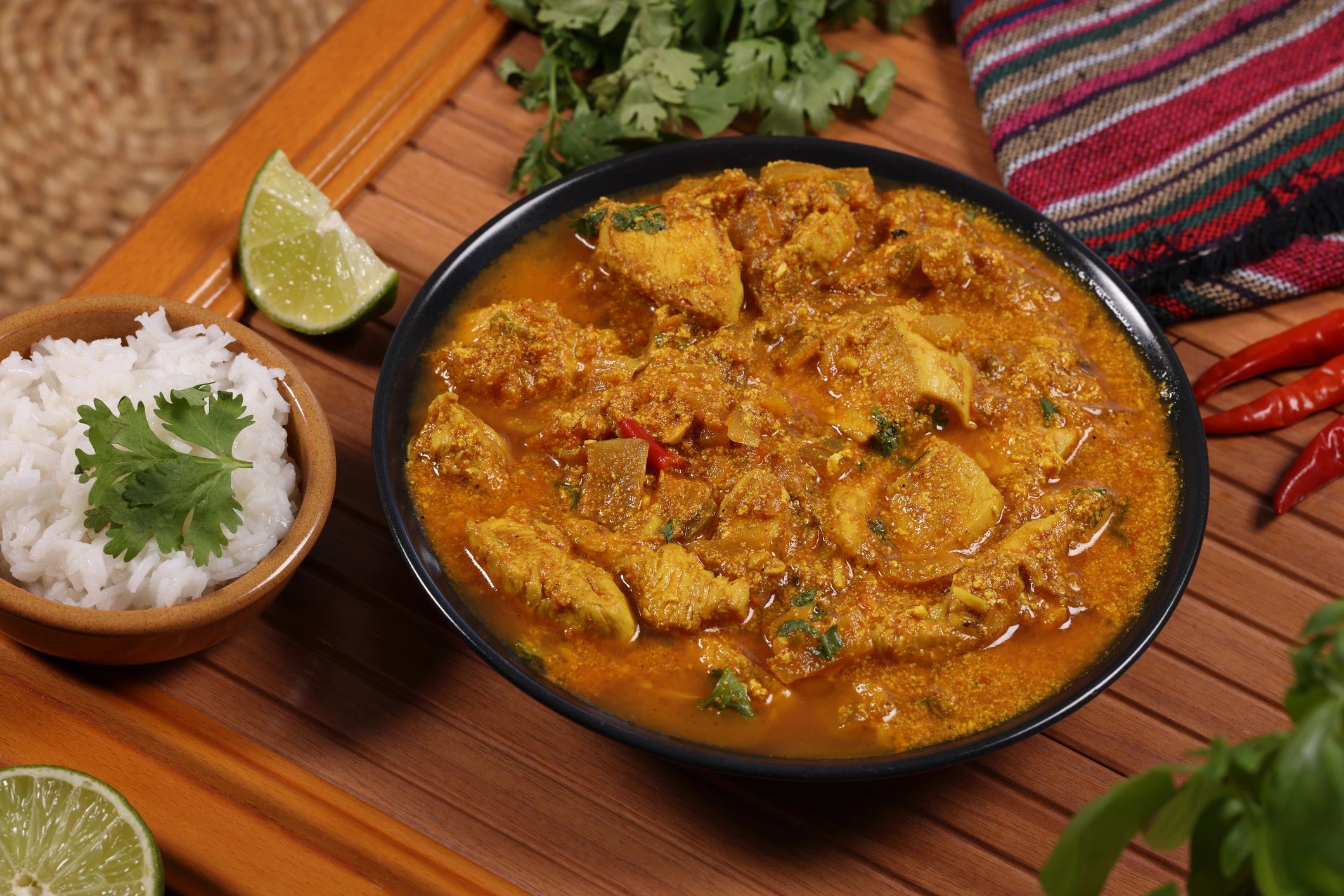 Chicken curry served with basmati rice